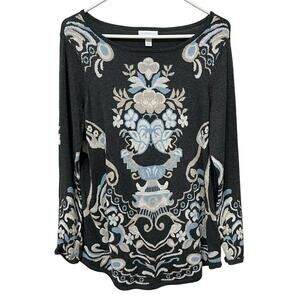 Charter Club Black Sweater Cardigan with Cream and Light Blue Floral Jacquard